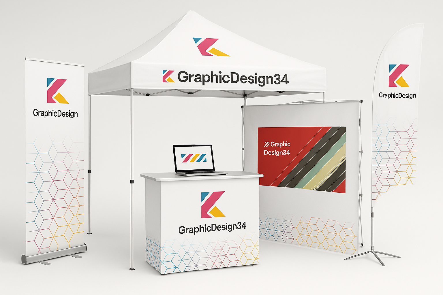 Stand GraphicDesign34 : tente, comptoir, roll-up, drapeau, bâche et ordi